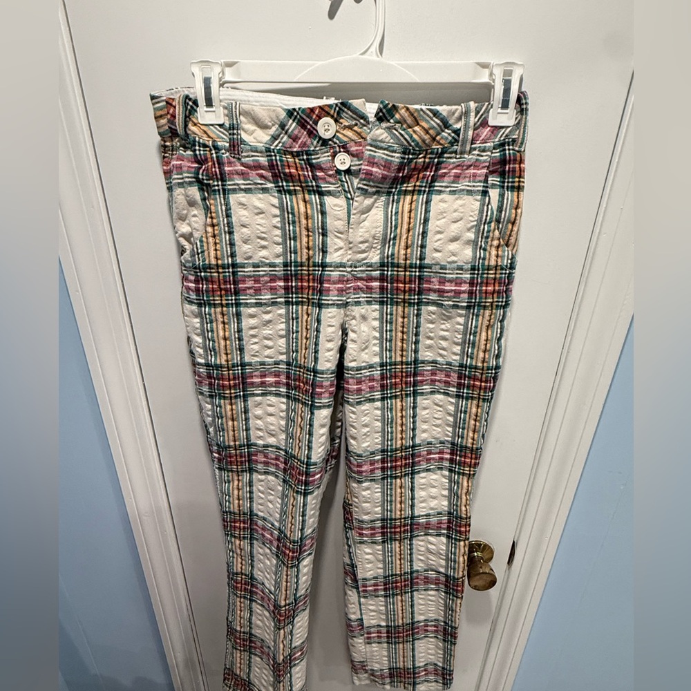 Free People Plaid Seersucker Cropped Pants Boho Summer Size 6